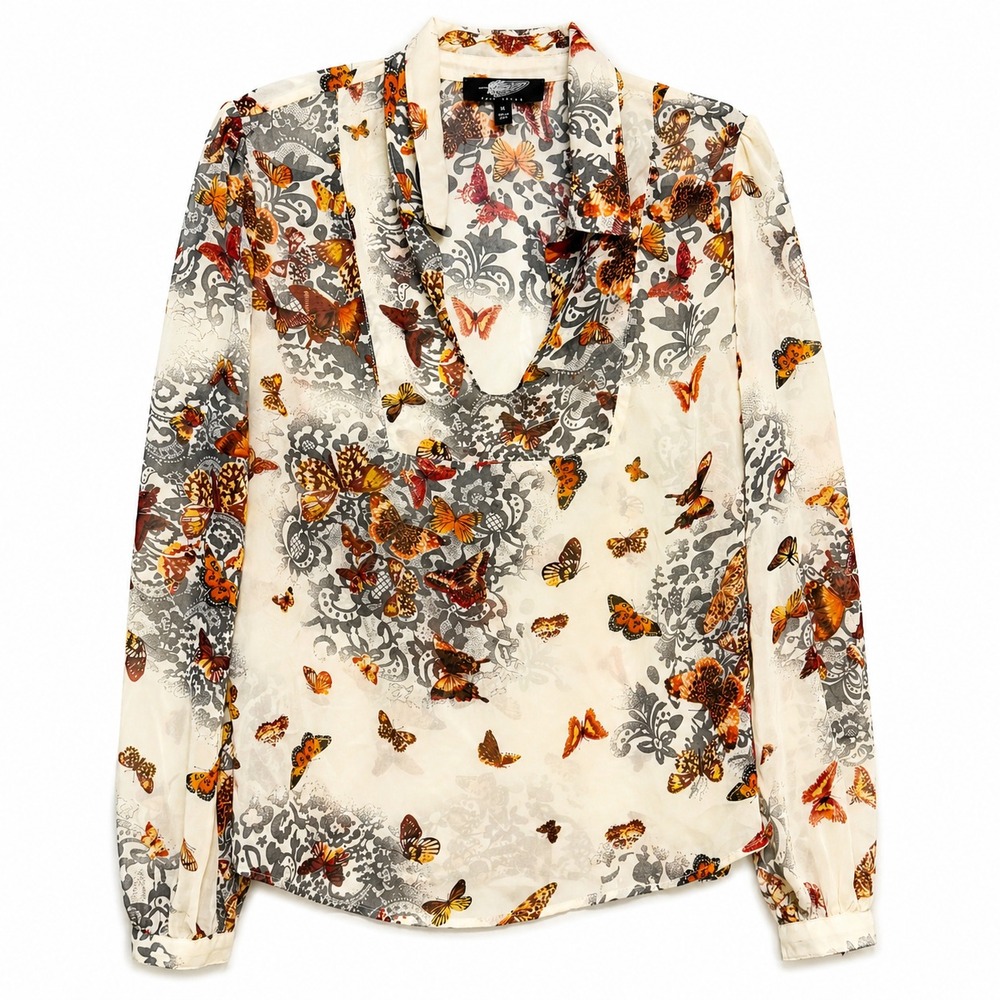 Fairchild Naturecore Sheer Butterfly Blouse Womens XL Boho Romantic Meadowcore